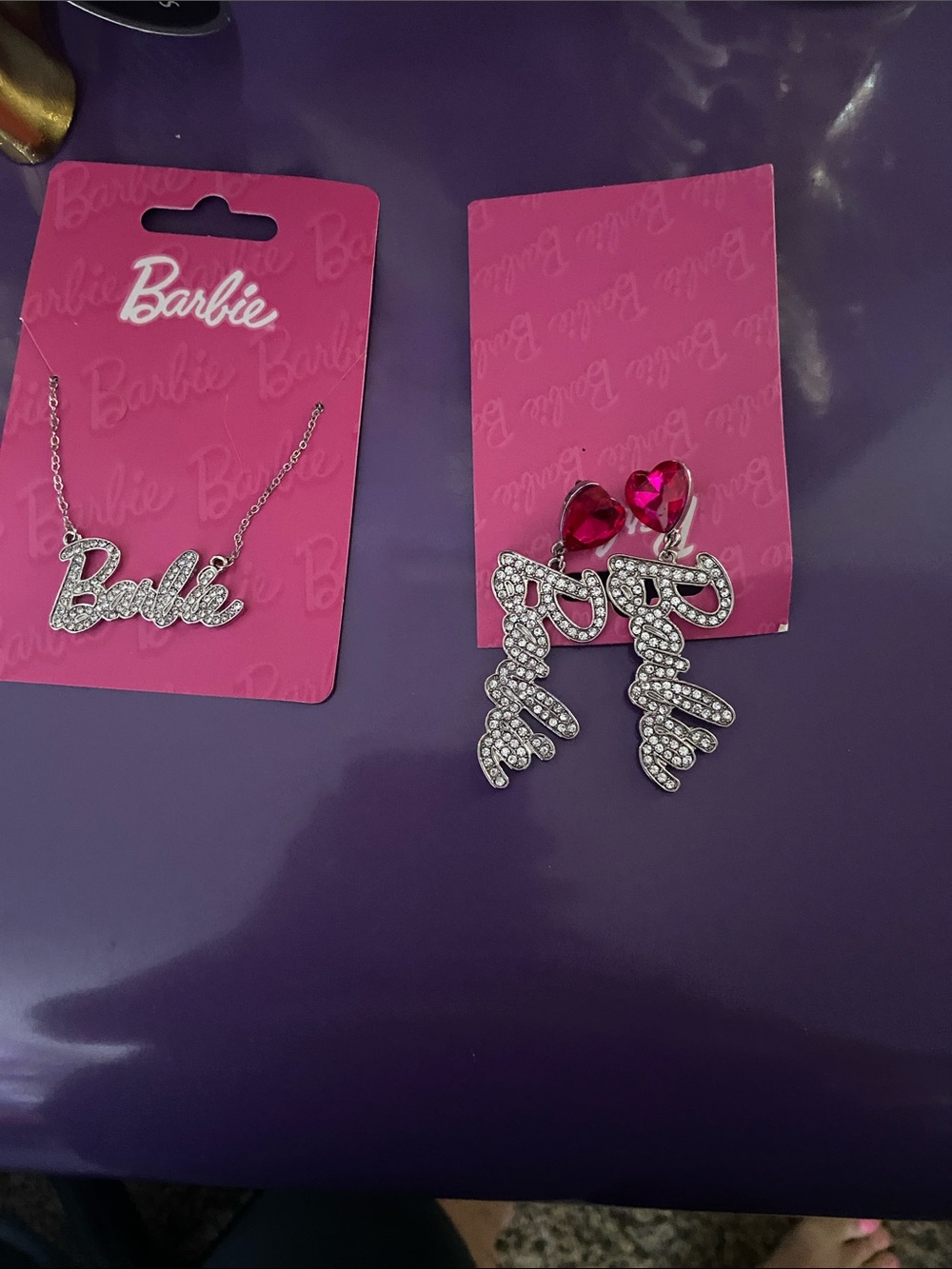 Barbie Silver Crystal Script Necklace with Pink Heart Drop Earrings